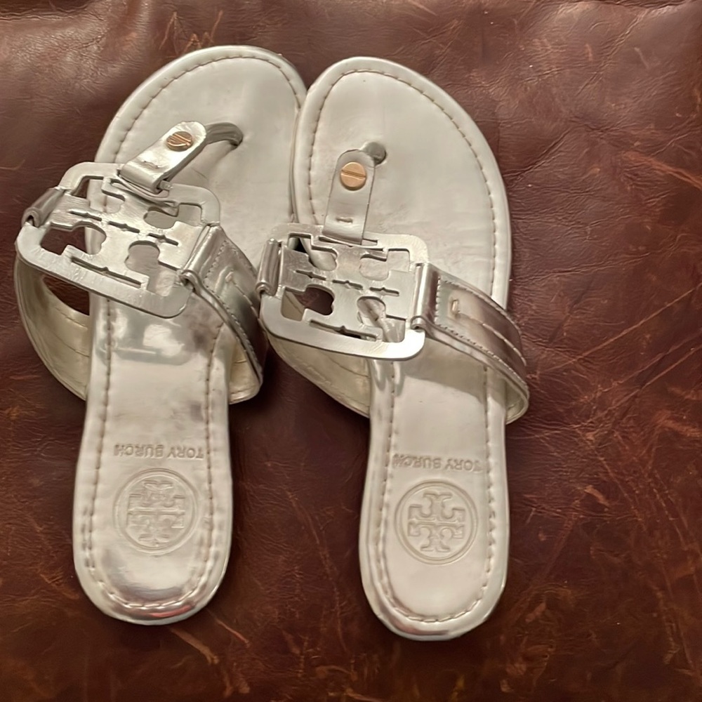 Authentic Tory Burch metallic silver sandals